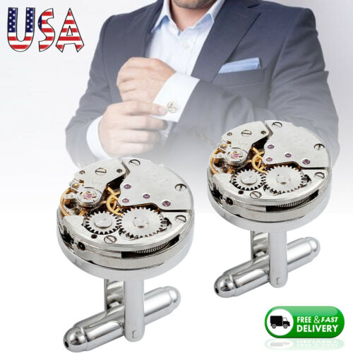 Watch Movement Cufflinks Men's Steampunk Vintage Sliver Cuff Links Wedding Gift