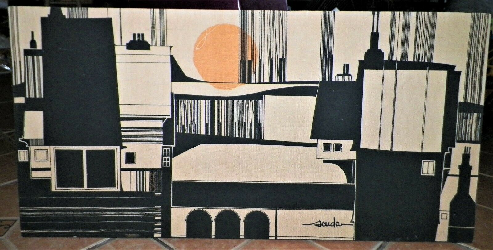 MID CENTURY CITYSCAPE PRINT SILKSCREEN FABRIC ART BY BOB VAN ALLEN (SCUDA)