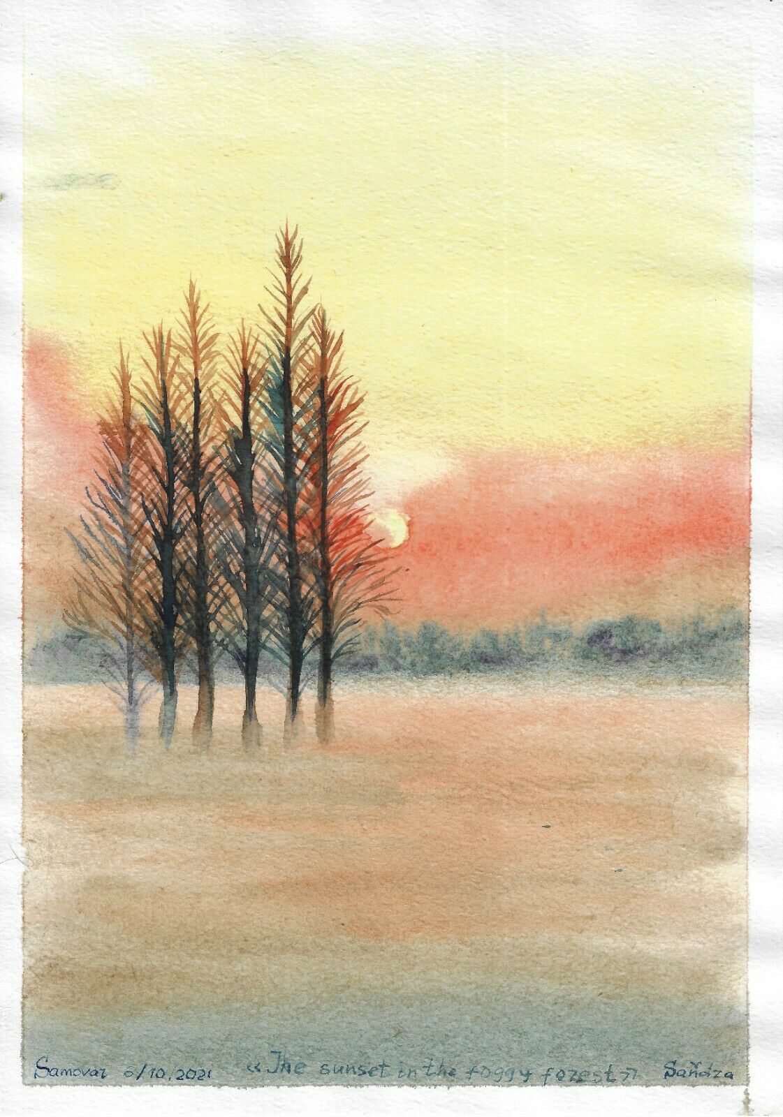 original painting A4 103PO art Impressionism Watercolor landscape on the sunset