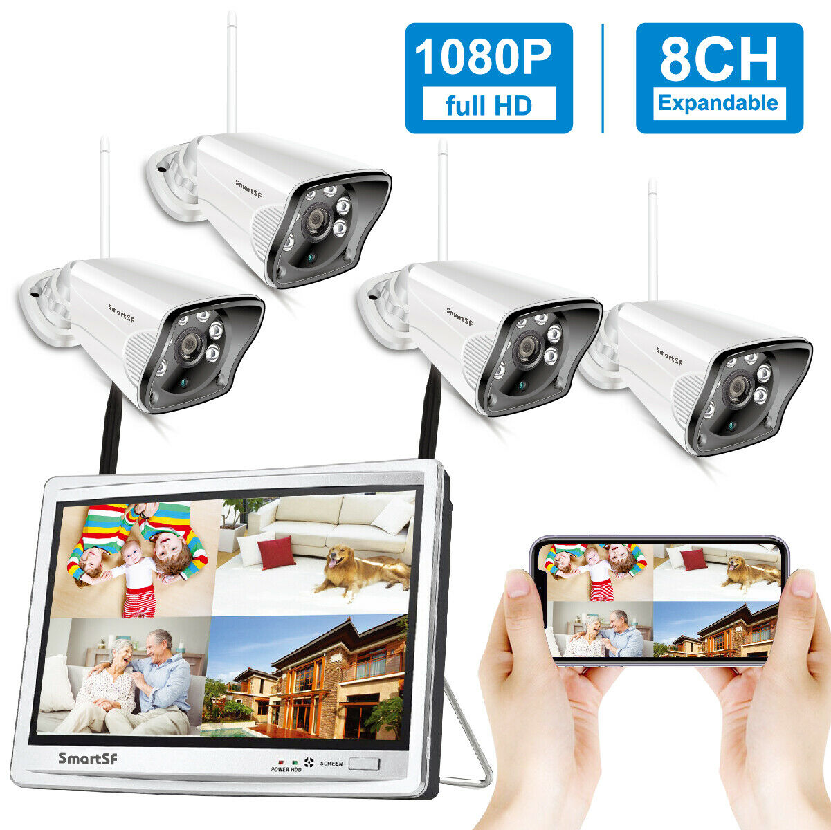 SmartSF Outdoor Wireless Wifi Security Camera System 1080P with 12