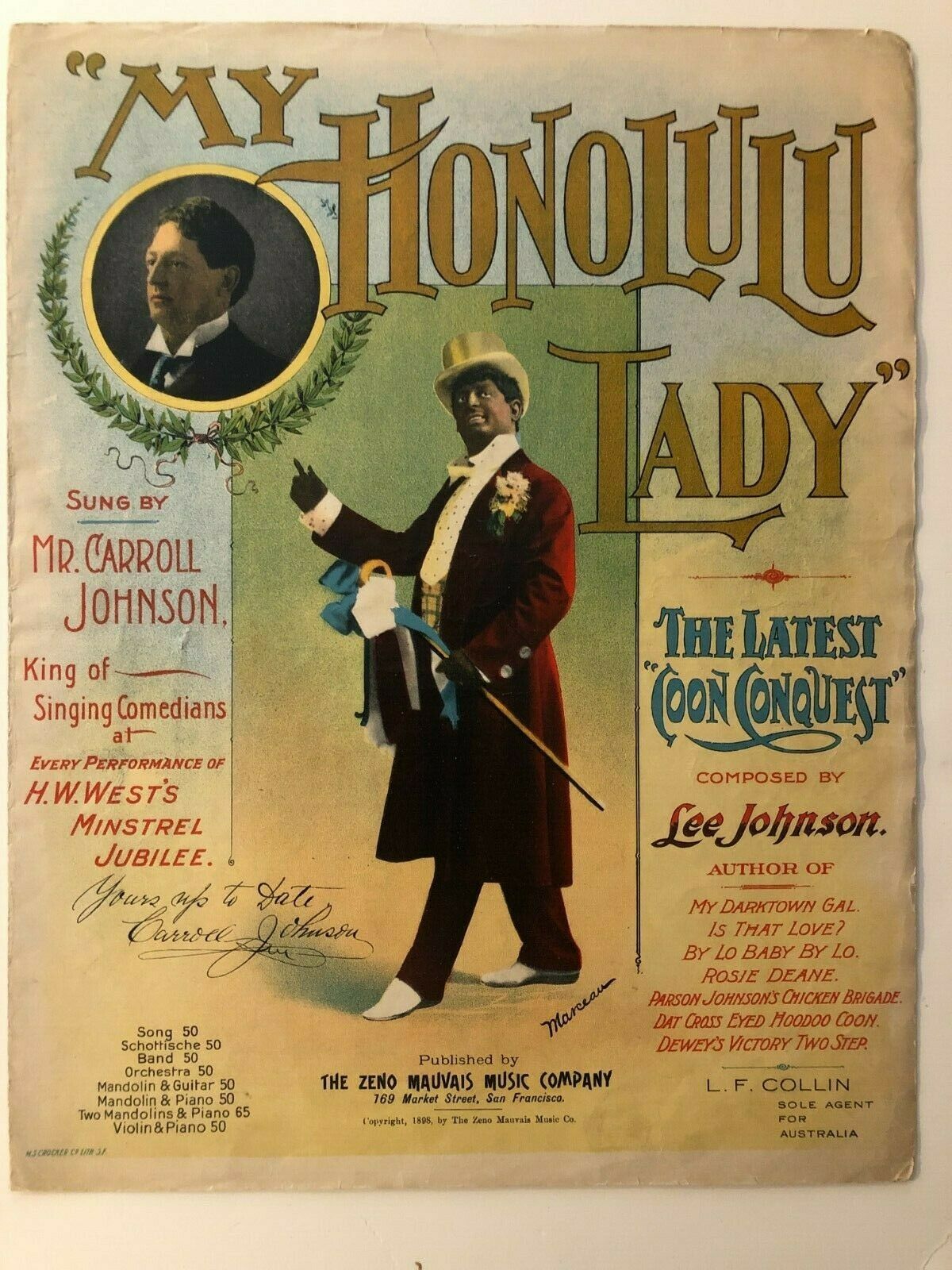 1898 Beautiful Color Illustrated My Honolulu Lady Minstrels Sheet Music