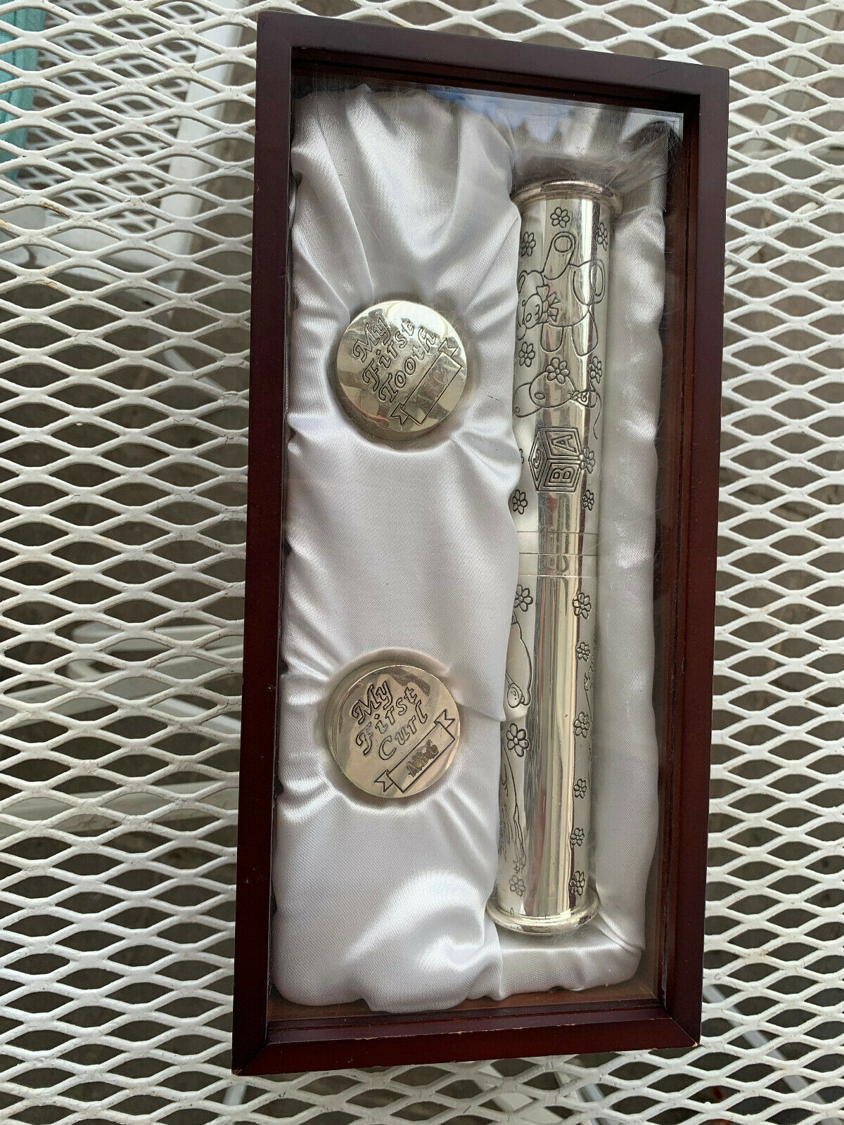 Wood Memory Box Birth Certificate Holder 1st Curl & Tooth Silver Baby