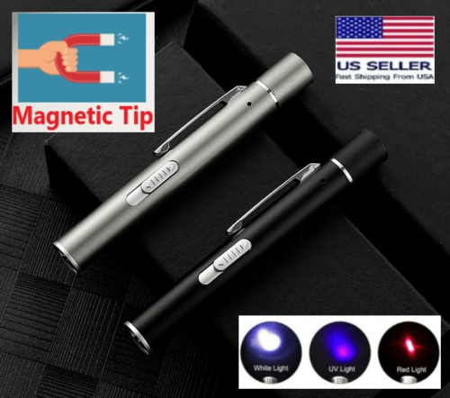 Laser Pointer MAGNETIC SILVER USB Pen~ 4 in 1 Cat Toy Rechargeable Flashlight UV