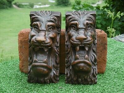 ANTIQUE ARCHITECTURAL PAIR MID 19thc WOODEN OAK CARVED LION HEAD CORBELS  C.1860