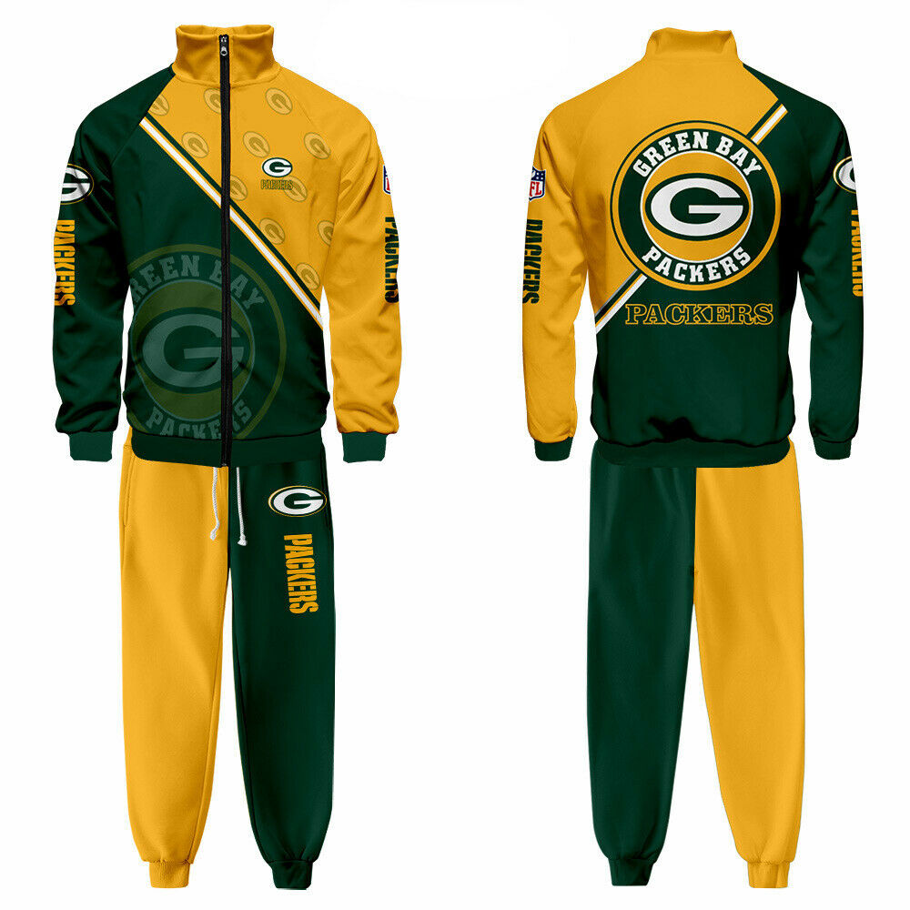 Green Bay Packers 2Pcs Tracksuit Sweat Suit Zip Up Jacket Sport Top Jogger Pants