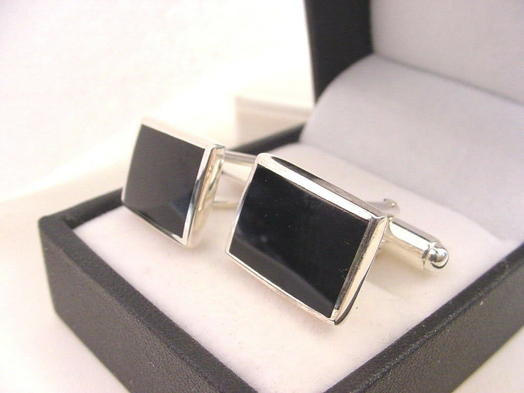 GENUINE NATURAL BLACK ONYX CUFFLINKS SOLID 925 STERLING SILVER   NEW FORMAL WEAR